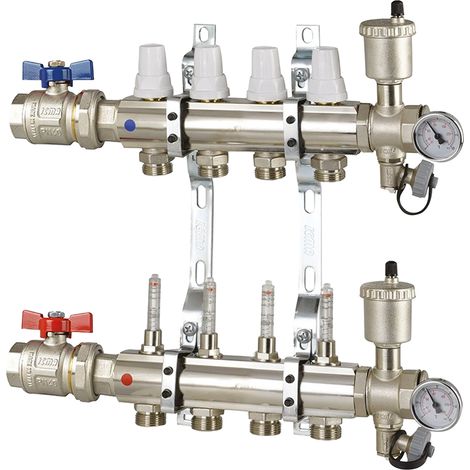 Collettore di distribuzione da 1" con 4 vie in ottone per impianti radianti (1/2)