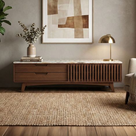Meuble TV 160x35x45cm en bois de manguier brun et terrazzo - KYOJO