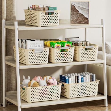 Panier de rangement rectangulaire crème en plastique PP ajouré 31x20x12 cm, poignées antidérapantes, robuste et portable, idéal cuisine, bureau, dortoir pour jouets, snacks et petits objets (1/5)