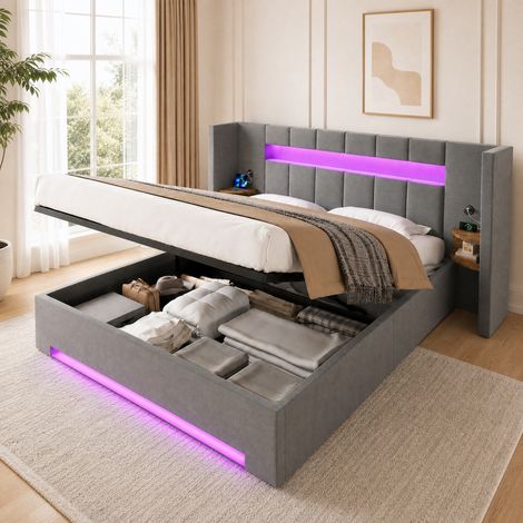 Lit coffre 160x200 cm en velours gris foncĂ© avec LED et USB, gain de place, sans matelas â MEUBLIV (1/5)