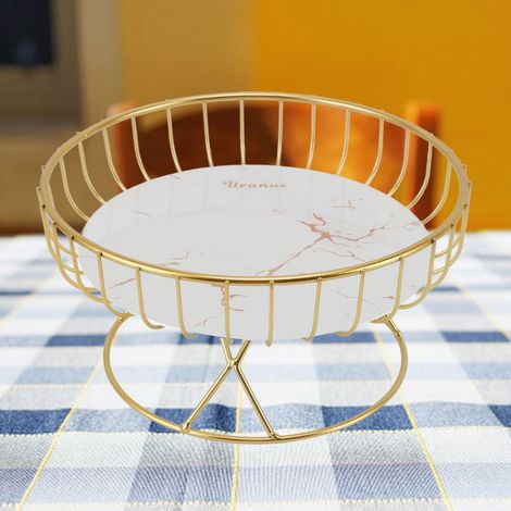 Plateau à fruits, corbeille à fruits pour salon, présentoir à desserts, plateau à apéritifs, petit format, fond blanc à motifs dorés (1/5)