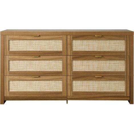 Kommode aus Rattan mit 6 Schubladen, Doppelkommode fürs Schlafzimmer, Kommode aus Naturrattan mit Metallgriffen, moderner Kleiderorganizer aus Walnussholz für Schlafzimmer, Wohnzimmer, Flur (1/5)
