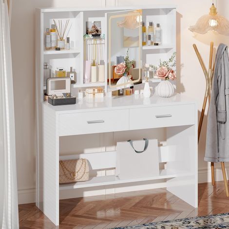 Coiffeuse avec Miroir LED, 3 Couleurs D'éclairage, Table de Maquillage avec Étagère Réglable, Rangement Derrière Le Miroir et 2 Tiroirs, Meuble Chambre Style Moderne (1/5)