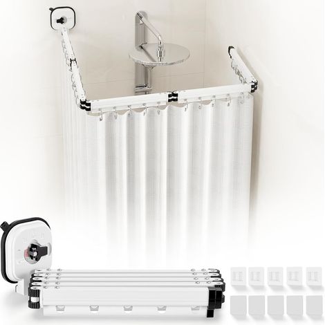 Rideau De Douche Sans Perçage, Tringle à Rideau De Douche Pliable Avec Ventouses, Barre de Douche à Angle Réglable/Extensible Sans Perçage Pour Douche d'Angle,Blanc(5 Plis) (1/5)
