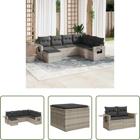 Gartensessel - 7-tlg. Garten-Sofagarnitur mit Kissen Hellgrau Poly Rattan (1/5)