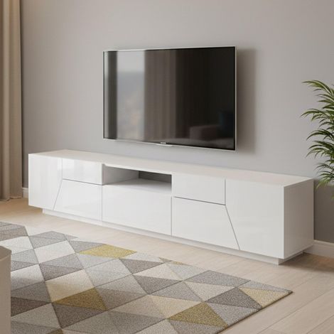 Meuble TV Jacopo, Buffet Bas de Salon, Base pour Meuble TV, 220x43h46 cm, Blanc Brillant (1/5)