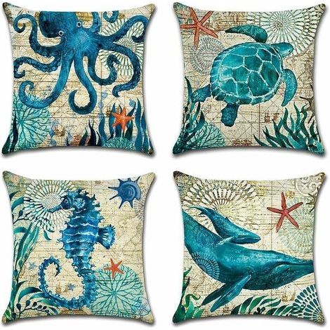 Extérieur Housse de Coussin, Lot de 4 Imperméable La Vie Marine Bleue Motif Canapé Taie d'oreiller pour Patio Jardin Salon Chambre Décoration, 45x45cm (1/5)