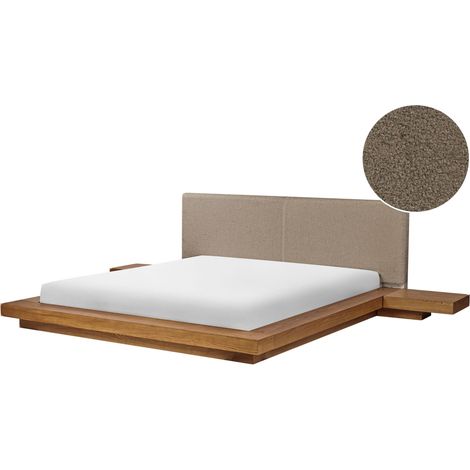 Letto matrimoniale 180 x 200 cm con piattaforma con comodini testata bouclé tortora in frassino naturale Zen (1/5)