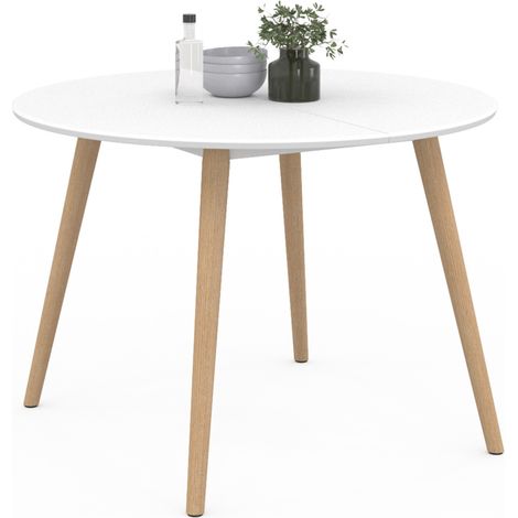 Idmarket – Table à manger ronde 110 cm – 4-6 personnes – Plateau MDF blanc – Pieds en bois biseautés – Style scandinave