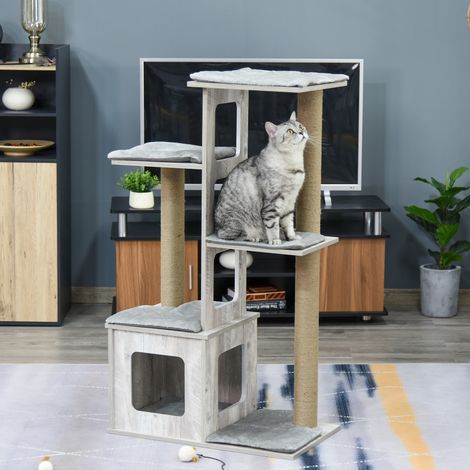 Árbol rascador multinivel para gatos con caseta y cuerdas de yute, 67 x 38,5 x 114 cm, gris.