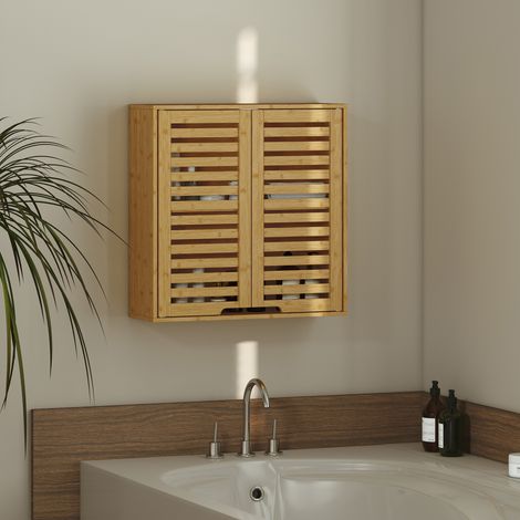 Badezimmer-Wandschrank, Aufbewahrungseinheit mit verstellbarem Einlegeboden, aus Bambus, 60 x 20 x 60 cm, Naturholzoptik