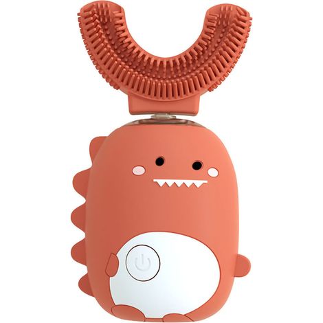 Brosse à dents électrique en forme de U pour enfants, étanche IPX7, automatique, motif dinosaure, orange.-AquaForge