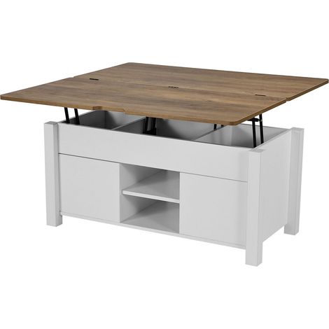 Table basse relevable 1000 mm style ferme, table centrale rustique, porte de grange et compartiment caché, marron (1/5)
