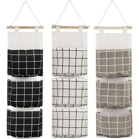 3-Piece Hanging Storage Bag with 3 Pockets, Fabric Wall Storage Basket for Bedroom, Bathroom, Kitchen - Waterproof and Stylish (Black/Gray/White) YMYNY (1/4)