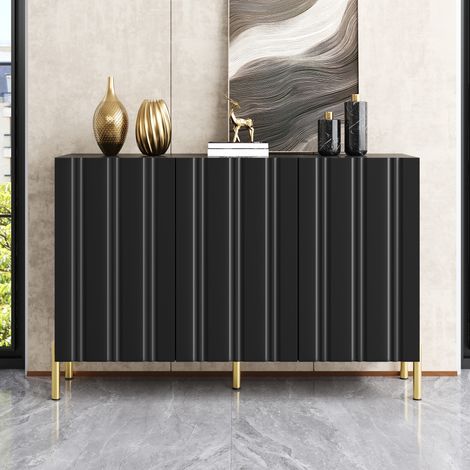 Buffet 4 portes et 3 tiroirs, 140 x 40 x 83 cm, étagères réglables et poignées dorées, en MDF, pour salon, Blanc (1/5)