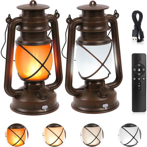 2-Piece Vintage Outdoor Lantern Set, USB Rechargeable LED Lantern with Remote Control, 4 Lighting Modes, Decorative Light-Up Lantern for Porch, Patio, Garden, Camping, Party