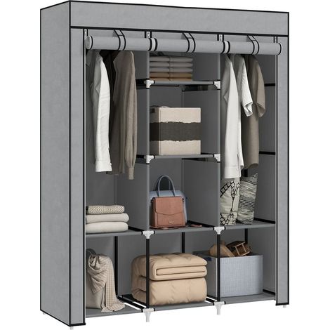 Armoire penderie multi-rangement - 8 étagères, 2 barres - non tissé gris clair (1/5)