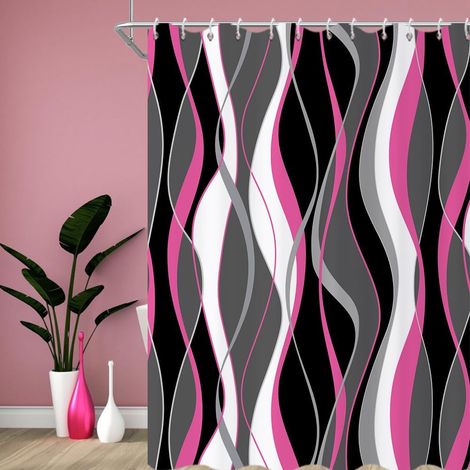 Rideau de Douche, 90x180cm, Moderne Abstrait Noir Gris Blanc Rose Vif Ombre Rayé Art Minimaliste Imperméable Rideau de Salle de Bain Lavable en Machine avec Crochets (1/5)