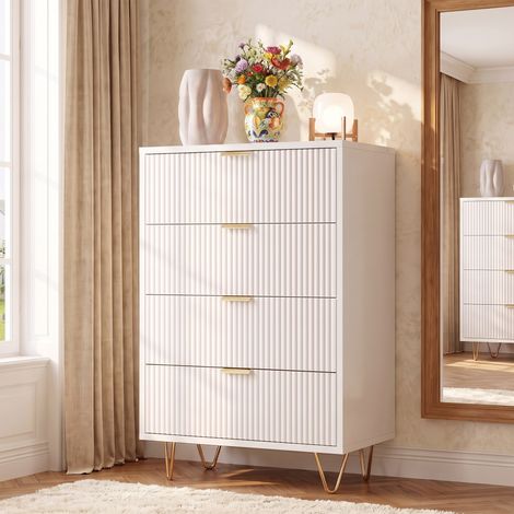 Cajonera de 4 cajones 60x34x91 cm - Mueble de almacenamiento moderno para dormitorio y salon de mdf con patas de metal dorado - Blanco (1/5)