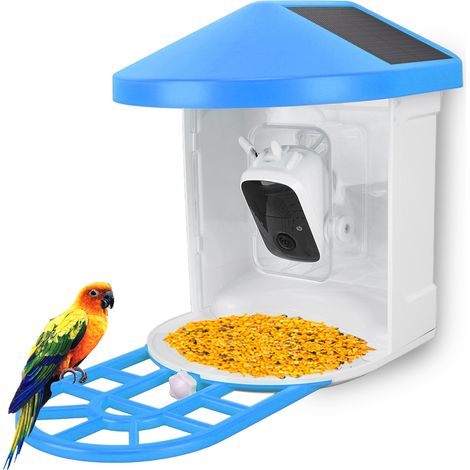 1080P Solarbetriebener visueller Vogelfutterspender mit KI-Vogelerkennung, kabelloser solarbetriebener Haustierfutterspender, wasserdichter Vogelfutterspender für den Außenbereich, Blau. (1/5)