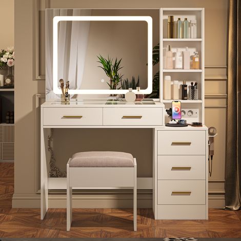 Coiffeuse avec Miroir LED 3 Températures, Table de Maquillage Moderne avec 5 tiroirs & étagères ouvertes, avec Prises et USB, Table avec plateau en verre trempé, sèche-cheveux, (Blanc, 109x30x139cm)