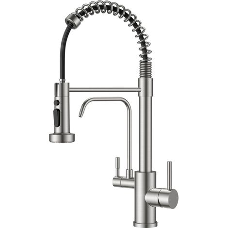 Robinet Cuisine 3 Voies avec Sortie Séparée pour Eau Filtrée, Mitigeur Inox 2 en 1 avec Douchette Extractible, 3 Modes de jet, 2 Leviers, Pivotant à 360° (1/5)