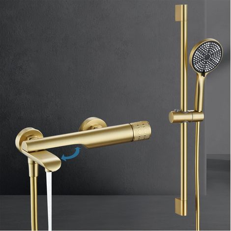Robinet de Baignoire avec Douchette 3 Jets, Mural Mitigeur de Baignoire avec bec rotatif à 90°, 1.5m Flexible et Support, Robinet Mitigeur pour Salle de Bains en Laiton (Or Brossé)