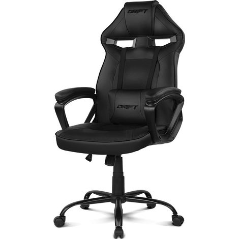 Chaise Gaming -DR50B- Chaise pour Joueurs, Similicuir, Accoudoirs rembourrés, Piston Classe 4, Mécanisme basculant, Hauteur réglable, Dossier inclinable, Coussin Lombaire, Noir (1/5)