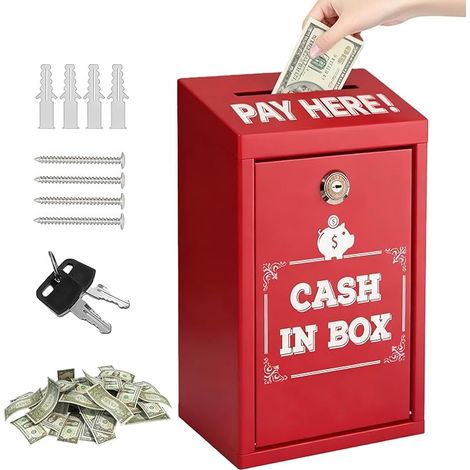 Money Box with Key:Metal Cash Box with Key Lockable Wall Mounted Gift Box Proposal Safe Box for Home Office Outside Door (Red) (1/5)