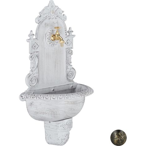 Relaxdays Fontana da parete XL antica con rubinetto, lavabo da giardino in alluminio, HxLxP 75x44x22 cm, bianca (1/6)
