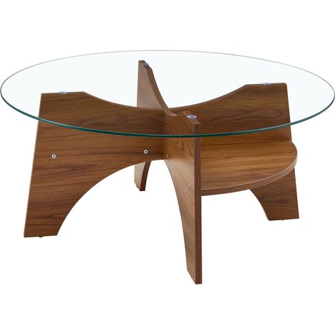 Mesa de centro redonda moderna de vidrio templado Ø 80 cm con base de MDF efecto nogal (1/5)
