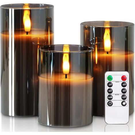 Set de 3 bougies sans flamme en verre fumé gris, télécommande incluse, alimentées par piles, LED scintillantes, Ø 7,5 cm / H 10, 12 et 15 cm (1/5)