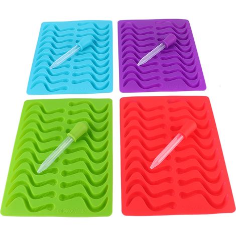 4-teiliges Silikon-Backform-Set in Form von Regenwürmern mit Pipette (rot, blau, grün, lila) (1/5)