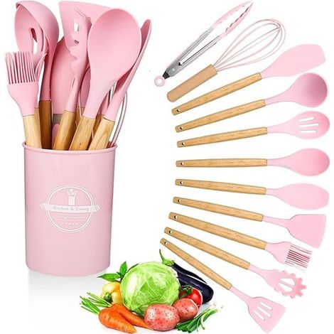 Silicone Kitchen Utensil Set Kitchen Utensil Set with Wooden Handle and Heat Resistant Silicone Cooking Spoons Pink (1/5)