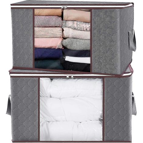 Lot de 2 sacs de rangement pliables avec poignée renforcée, fermeture éclair à double sens, grande capacité de 90 l, organisateur avec fenêtre transparente pour couettes, linge de lit et peluches. (1/5)