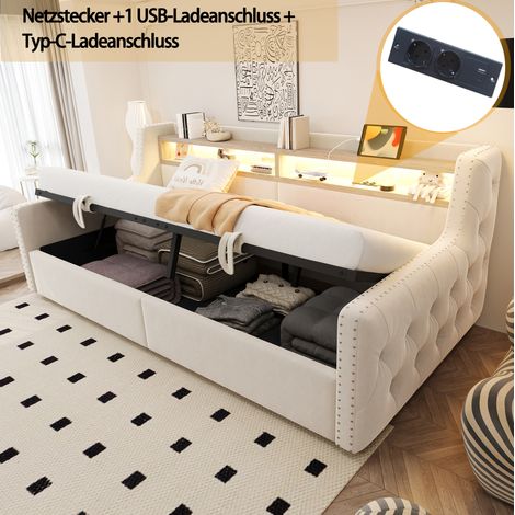 MODFU – Letto a panca 90x200 cm in velluto, metallo e MDF con contenitore idraulico, LED, USB e Type-C, rete 12 doghe e portata 300 kg – Beige (1/5)