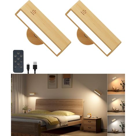 2PCS Indoor Wall Sconce with Remote Control, Rechargeable Bedroom Bedside Lamp, Wireless LED Wood Light, Touch-Sensitive Indoor Battery-Operated Bedroom Lamp, Beech
