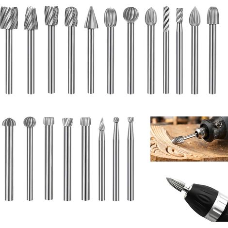 Lot de 20 Fraise Rotative, Fraisé Carbure Tungstène HSS 3 mm Tige, Embouts en Carbure pour Mini Outils Rotatifs, Gravure Bois Métal Plastique, Meulage Polissage Perçage Découpe Artisanat DIY (1/5)