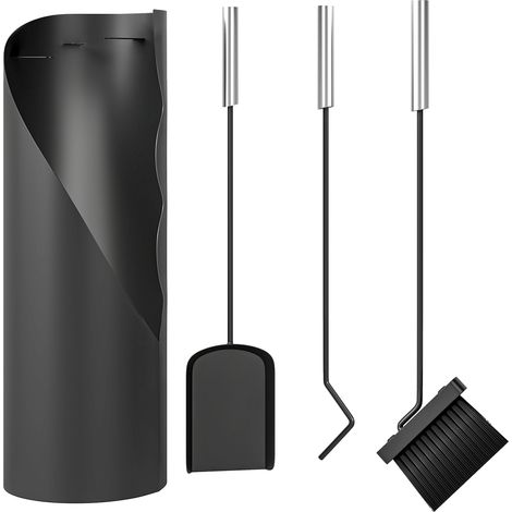 Beyamis 4-teiliges Kaminbesteck-Set, Kaminzubehör-Set aus Metall mit Besen, Schaufel, Schürhaken und Eimer, Schwarz