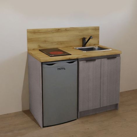 KITCHENETTE CHÊNE GRIS 120cm + PLAQUE DE CUISSON + REFRIGERATEUR + EVIER + MITIGEUR (1/4)