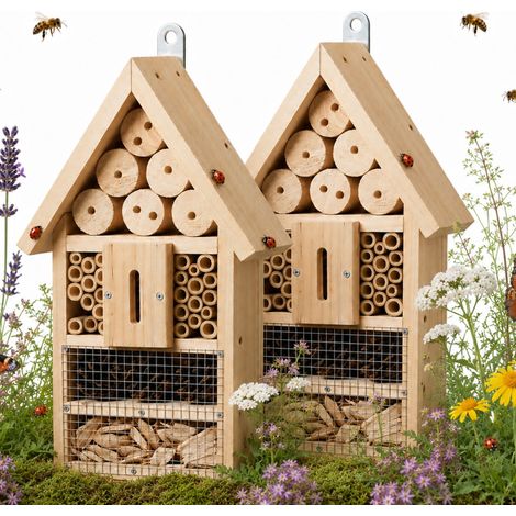 Relaxdays Insektenhotel, Bausatz, 2er Set, Holz, HBT: 30,5 x 17,5 x 6 cm, Insektenhaus zum Aufhängen, Bienenhaus, natur