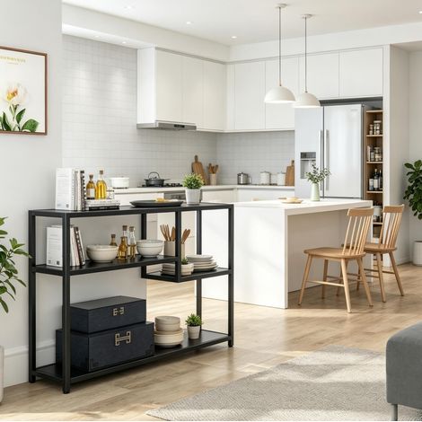 Console table 110 x 30 x 85 cm avec 4 étagères ouvertes, meuble d’entrée et petit meuble TV noir en métal et bois, rangement déco pratique pour salon, style vintage – CHICFURN (1/5)