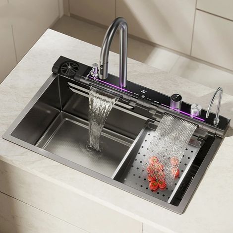LEDANDER Évier Cuisine Multifonction 1 Bac 75x45cm – Lavabo Cuisine Inox avec Lave-Tasses Intégré, Planche à Découper, Vidange Rapide, Design Moderne (1/5)