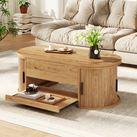 Table basse 110x55x55 cm réglable en hauteur, avec espace de rangement dissimulé et porte latérale coulissante, couleur naturel (1/5)