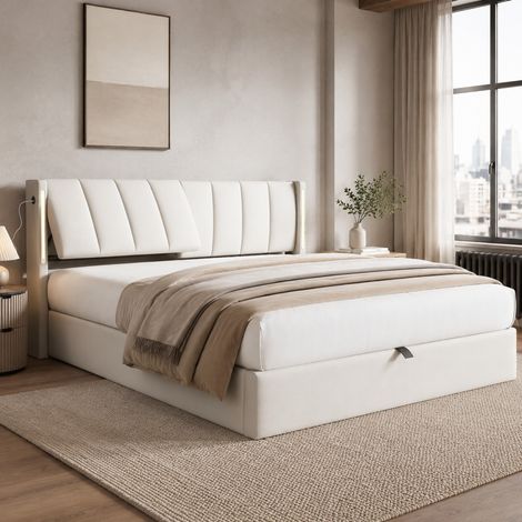 Bett 140x200 cm Weiß aus PU mit LED-Beleuchtung, USB-Anschluss, Stauraum und verstellbarem Kopfteil (1/5)