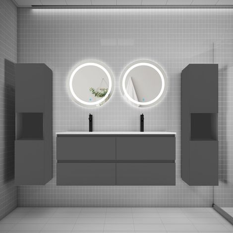 Ensemble meuble double vasque L.120cm 4 tiroirs + lavabo + 2LED miroirs rond 60cm + 2colonne,anthracite,aica (1/5)