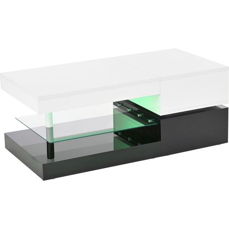 Moderner Couchtisch mit 16-farbigem LED-Licht, rechteckiger sofatisch mit 2 großen Schubladen, geräumiger Wohnzimmertisch aus Glas, doppelschichtiges Design, Hochglanz, großer Wohnzimmertisch, schwarz (1/5)