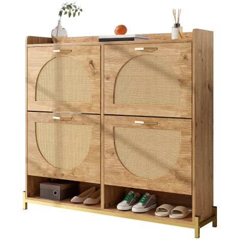 Armoire élégante pour chaussures en bois avec portes en rotin – 4 portes, structure métallique robuste et étagère supérieure pour un rangement stylé et organisé (1/5)