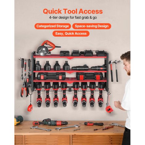 Ranger outils mural acier, etagère 4 niveaux 8 emplacements perceuses, rangement avec panneaux perforés côtés, atelier garage établi (1/5)