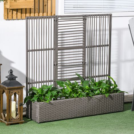 Jardinière avec treillis, résistante aux intempéries, en polyrotin, 103 x 29 x 103 cm, grise